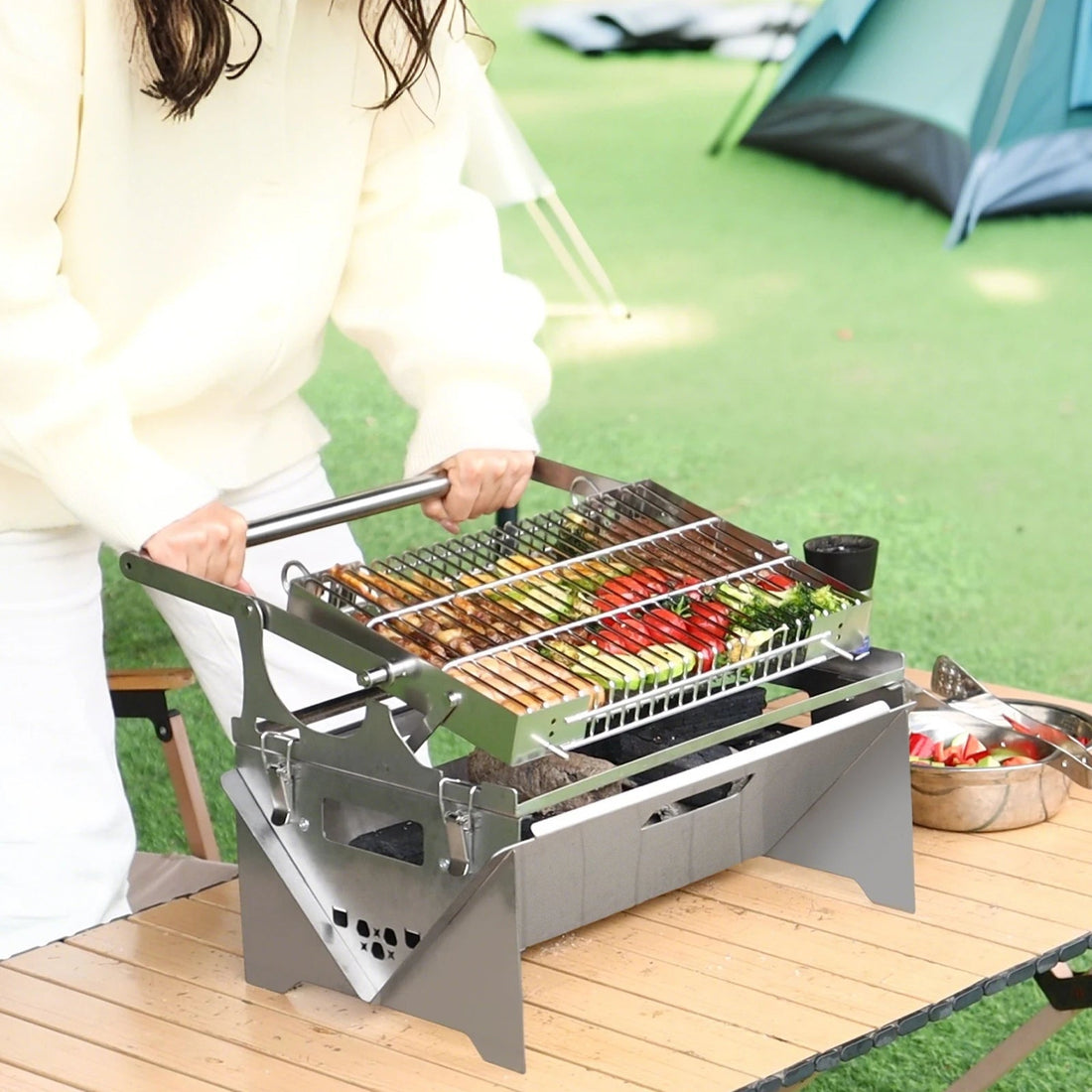 360° Rotating Charcoal BBQ Grills Stainless Steel Flipping Barbecue Grill Portable Folding Grill for Outdoor Camping Picnic FAIJO.SHOP